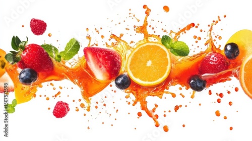Vibrant Splash of Fresh Fruits with Juice and Colorful Accents