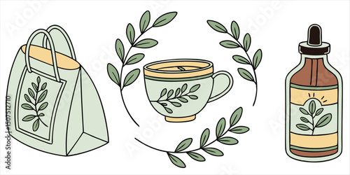 Set of sustainable lifestyle themed illustrations featuring tote bag, teacup and tincture bottle with botanical accents
