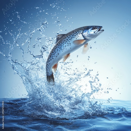 Trout Leaping from Water with Splash Under Bright Blue Sky