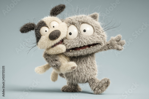 Playful cartoon characters, funny cat and dog hugging happily on a light blue background