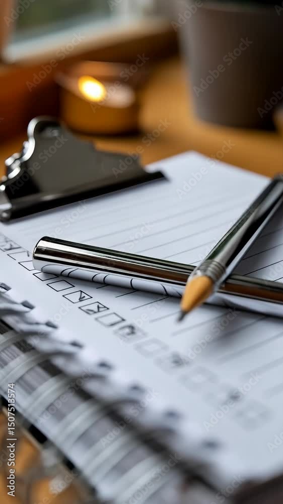 Close-up of spiral bound notebook with checklist, pencil, and pen on wooden desk