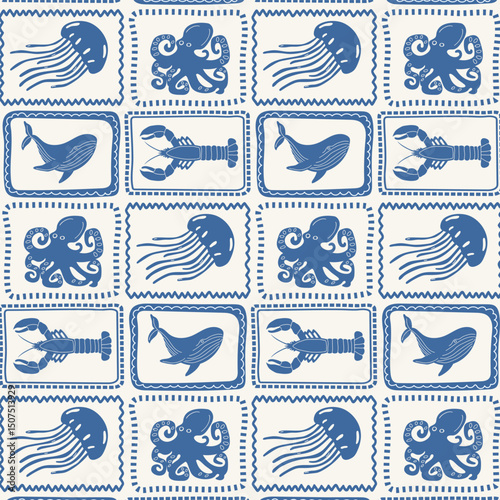 Tropical summer elements in frames. Retro tropical seamless background with lobster, whale, jellyfish and octopus.