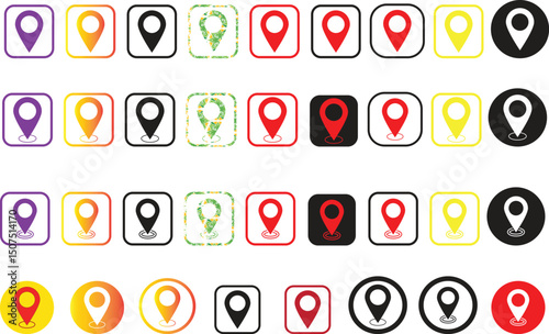 Collection of colorful map pin location marker icons in various styles. Set includes square, round, solid, and outline pins for GPS, navigation, and map interfaces. AI Generative
