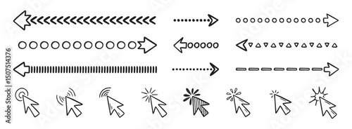 Doodle click icon and hand drawn arrows set. Doodle line mouse cursor.