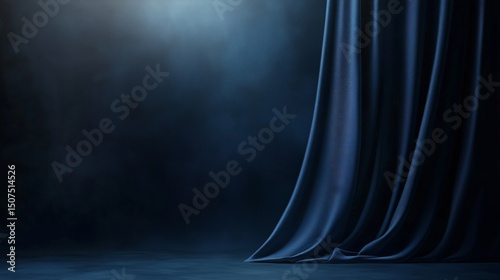 Dark stage with dramatic blue curtain and spotlight