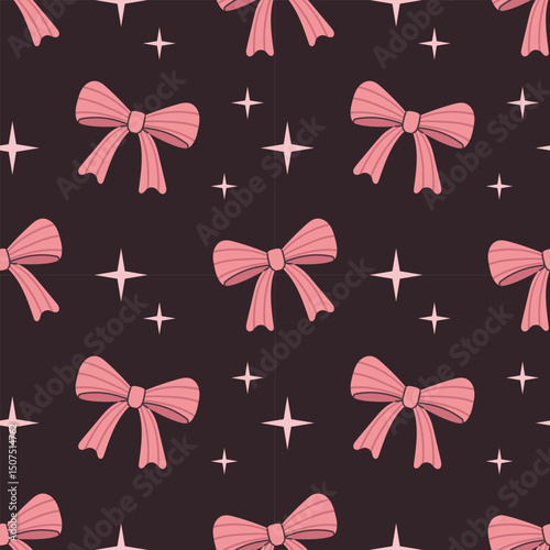 Vector set of cute seamless pattern with pink bows and stars. Fashion background for girls in coquette style. Cute girlish bows wrapping design.