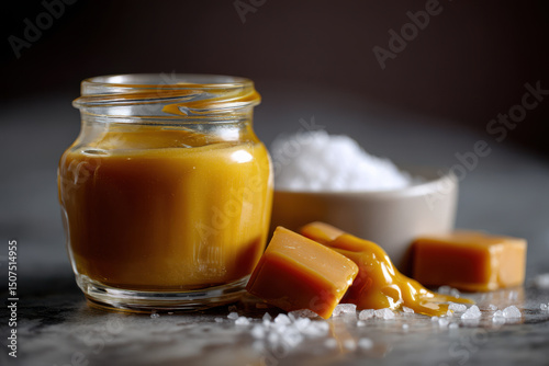 closeup of glass jar filled with rich glossy caramel highlighting its smooth texture and rich color