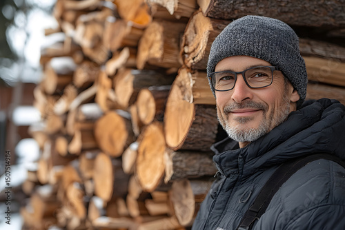 Close-up view of stacked firewood pieces. photo