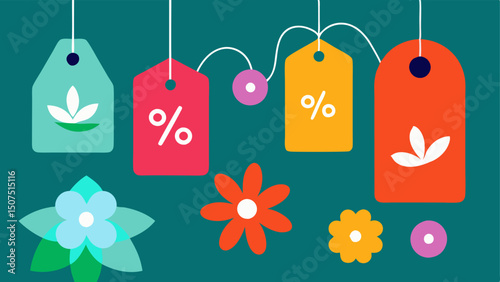 Discount Tags A closeup of various items on sale showing colorful discount tags with floral holiday designs hanging from them.