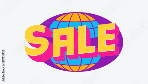 Disco Ball Effect The word SALE crafted in a retro font designed to resemble a disco ball with mirrored surfaces reflecting vibrant hues of blue pink and gold.
