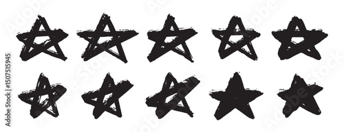 grunge stars doodle set. brush stroke texture, stained distress style stars set. punk rock posters, banners, labels. dirty stars elements