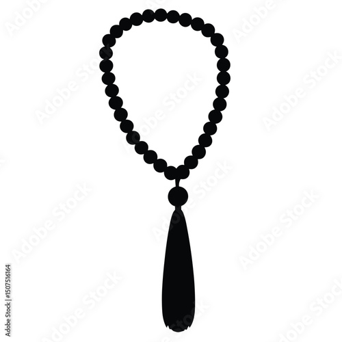 Black Beads Prayer Rosary with Tassel Silhouette Isolated on White Background
