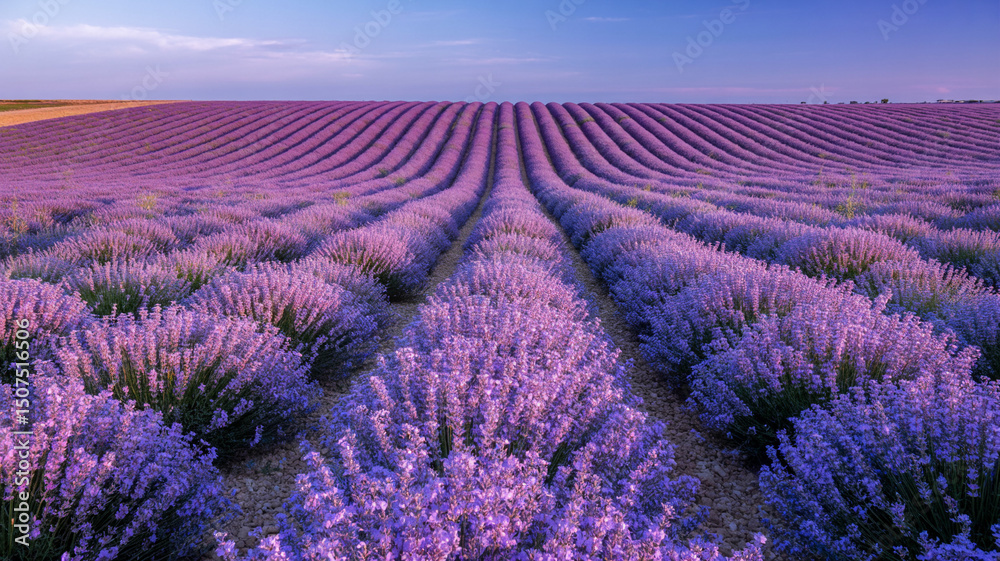 Obraz premium Serene lavender field under a gentle sky showcasing rows of fragrant purple flowers