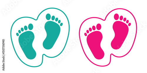 Baby footprint in the heart.Vector stock illustration for poster. Symbol of pregnancy or childbirth.White baby footprints in black heart.Baby footprints inside of  heart. Pink and Blue Baby Footprint.