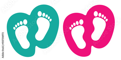 Baby footprint in the heart.Vector stock illustration for poster. Symbol of pregnancy or childbirth.White baby footprints in black heart.Baby footprints inside of  heart. Pink and Blue Baby Footprint.