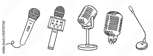 podcasting microphone recording mic doodle hand drawn icon set. Outline drawing microphone line clipart symbol