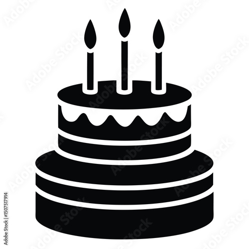 Black Silhouette of a TwoTiered Cake with Three Candles Lit Atop