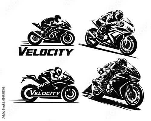 Motorcycle Racing Silhouette Collection with Velocity Text in Black and White