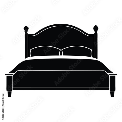 Black Silhouette of Elegant Bed with Pillows and Arched Headboard Illustration