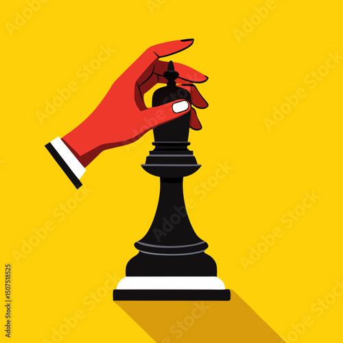 Hand Moving Black King Chess Piece on Yellow Background