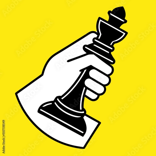 Hand Holding Black King Chess Piece on Yellow Background
