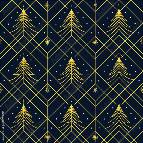 Elegant Gold Christmas Tree Pattern on Dark Blue Background