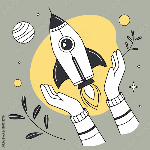 Launching a New Project Rocket Ship in Hands Illustration