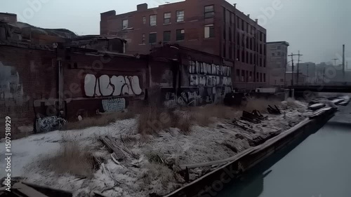 Gloomy urban decay reflected in a canal during wintertime pollution scenery