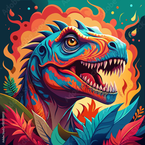 Vibrant Colorful Dinosaur Head with Tropical Leaves and Fire