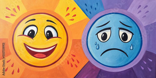 A painting of two faces, one happy and the other sad, painted with acrylics on canvas, in vibrant colors.