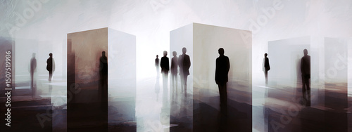 Abstract silhouettes of people stand within modern box-like structures, creating an ethereal atmosphere of mystery and depth.