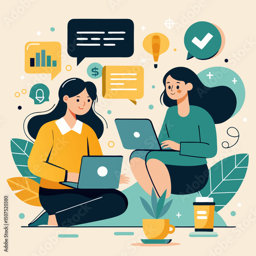 Two Young Women Collaborating on Laptops with Business Ideas
