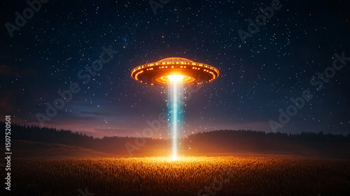 Flying saucer emits a beam of light while hove over a field at night with a starry sky above it.