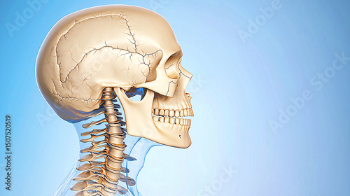 Anatomical illustration shows human skull and cervical spine in profile on a light blue gradient backdrop.