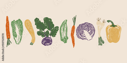 Hand drawn linocut style vegetables set. Grunge illustration of different vegetables. Vector background