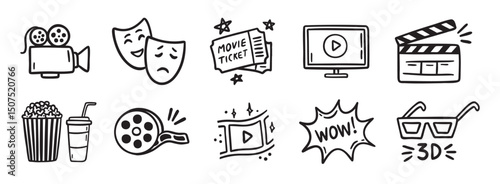 movie theater or cinema doodle hand drawn icon set. Outline drawing movie theater or cinema line clipart symbol collection