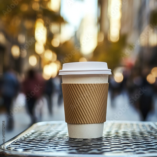 Steaming coffee in a cozy takeaway cup on a table, with a blurred city street and warm bokeh lights at dusk. Urban lifestyle or morning themes.