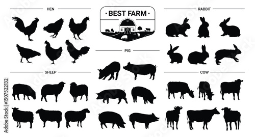 Farm animal silhouette set. Farming animals, sheep, rabbits, pigs, cows and hen. Isolated silhouette icon vector collection