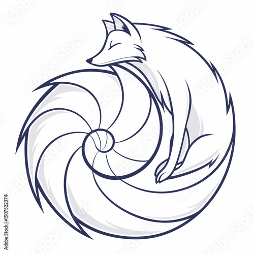 Curled Kitsune Fox Logo Design with Spiraling Tail

