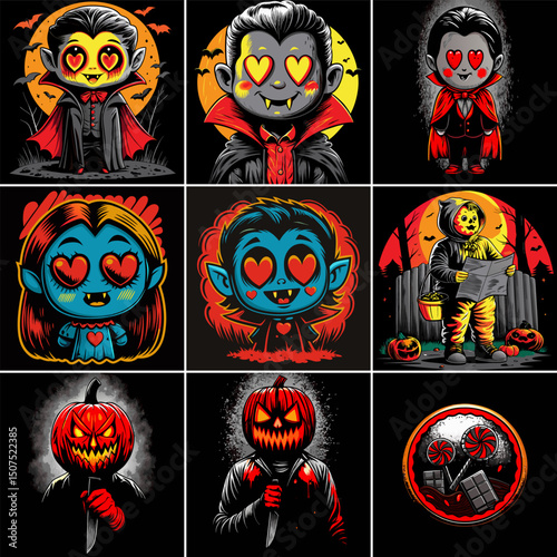 Adorable halloween character illustrations collage