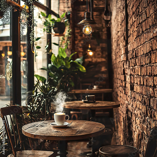 Loft cafe interior with steaming coffee on a wooden table, Edison bulbs, and lush plants by sunlit windows. 
