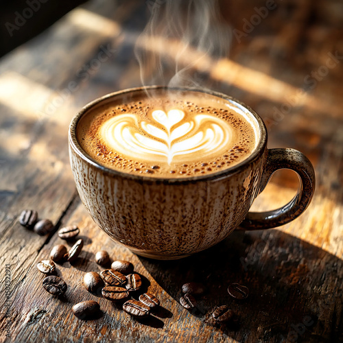 Latte art in a textured ceramic cup, surrounded by coffee beans on a wooden table, bathed in warm sunlight. Cozy mornind vibes background.