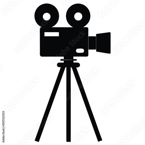 Old Fashioned Movie Camera Silhouette on Tripod Stand with Circular Film Canisters Above