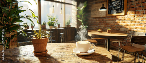 Charming modern cafe with steaming coffee on a wooden table, lush plants, and warm Edison lights by a sunlit window. 