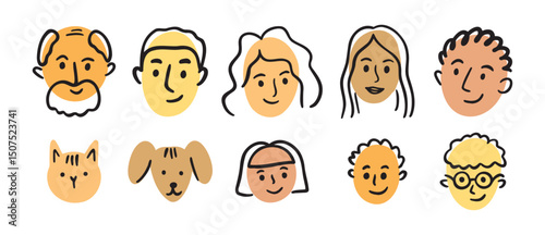 Family face portrait doodle avatar set. hand drawn woman, man, boy, girl, teenager face head portrait, grandmother grandfather. old and young people
