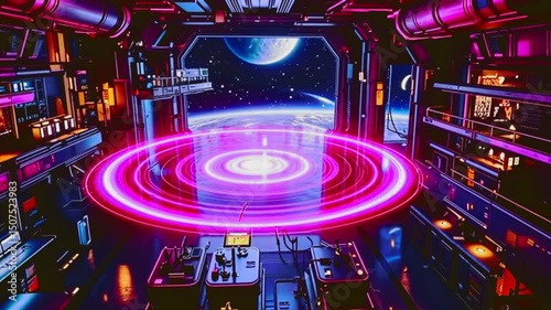 Futuristic Space Station Interior with Neon Circular Portal and Outer Space View
