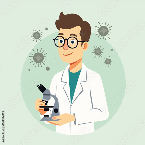 Young Scientist in Lab Coat Examining Virus with Microscope