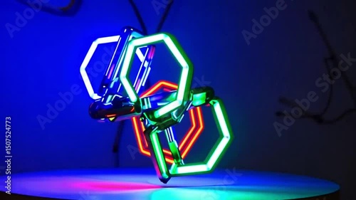 Futuristic Neon Geometric Sculpture with Hexagonal Shapes - Modern Light Art Display