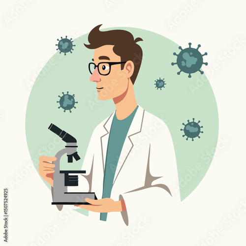 Male Microbiologist Analyzing Virus Samples with Microscope