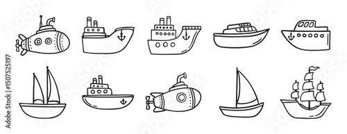 cute ship doodle hand drawn icon set. Outline drawing ships line clipart symbol collection